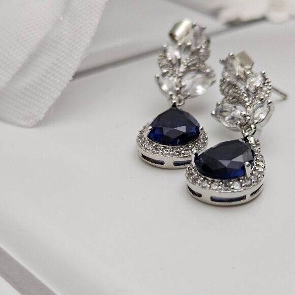 Blue Sapphire & White Baguette Diamond Drop Stud Earrings 925  Silver - Women's - Picture 5 of 9